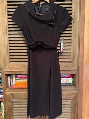 Tailored Black Midi Dress with Belted Waist